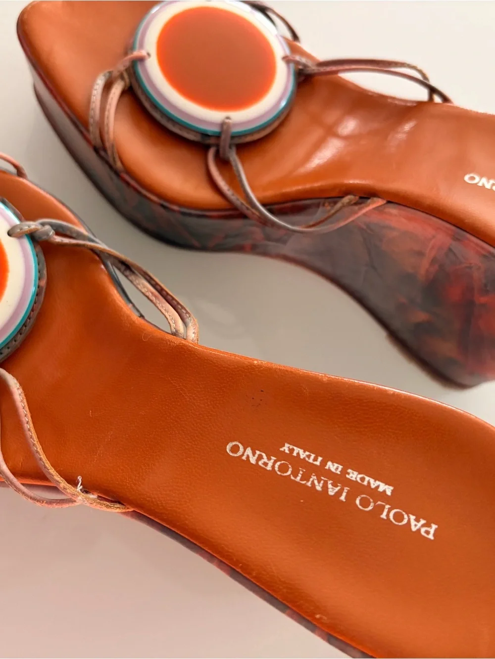 Orange Leather Wedge Slides with Decorative Medallion